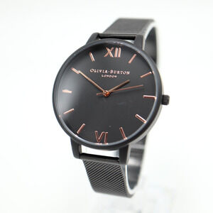 Olivia Burton Black Rose Gold Tone Watch 38mm Dial Steel Mesh Strap New Battery